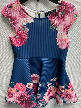 Hannah Banana Navy & Pink Floral Fit-and-Flare Dress w/ colored Rhinestones NWT!
